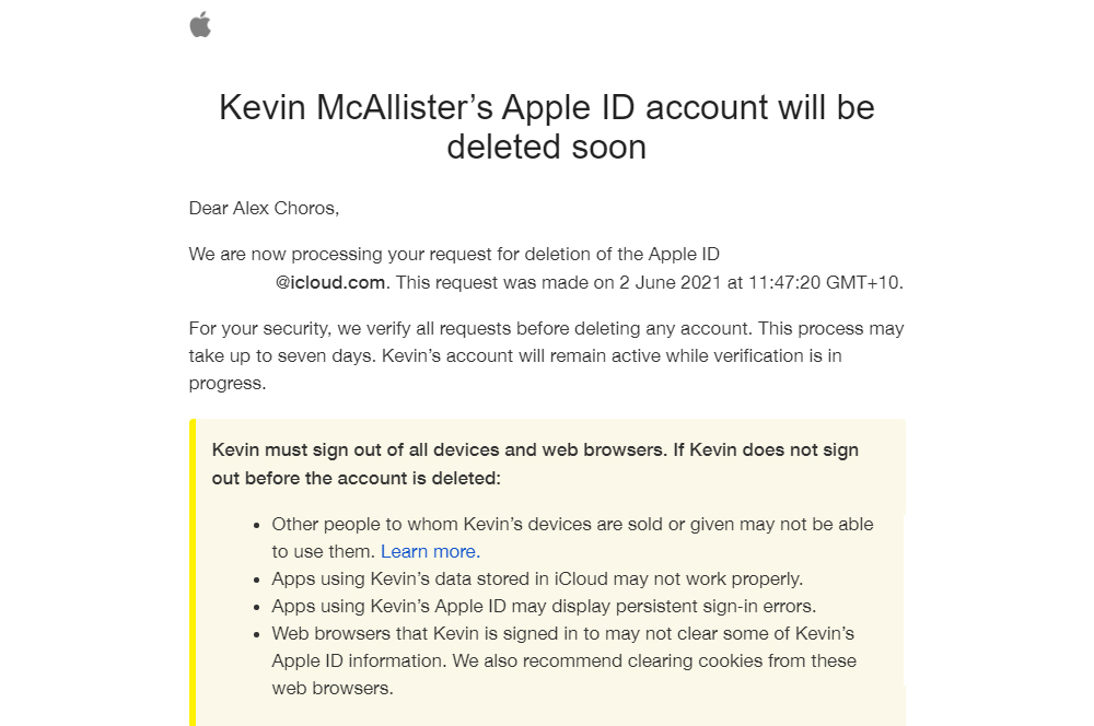 Apple ID deletion email 