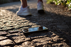 iPhone face up on a cobblestone path while its owner is walking off in the background