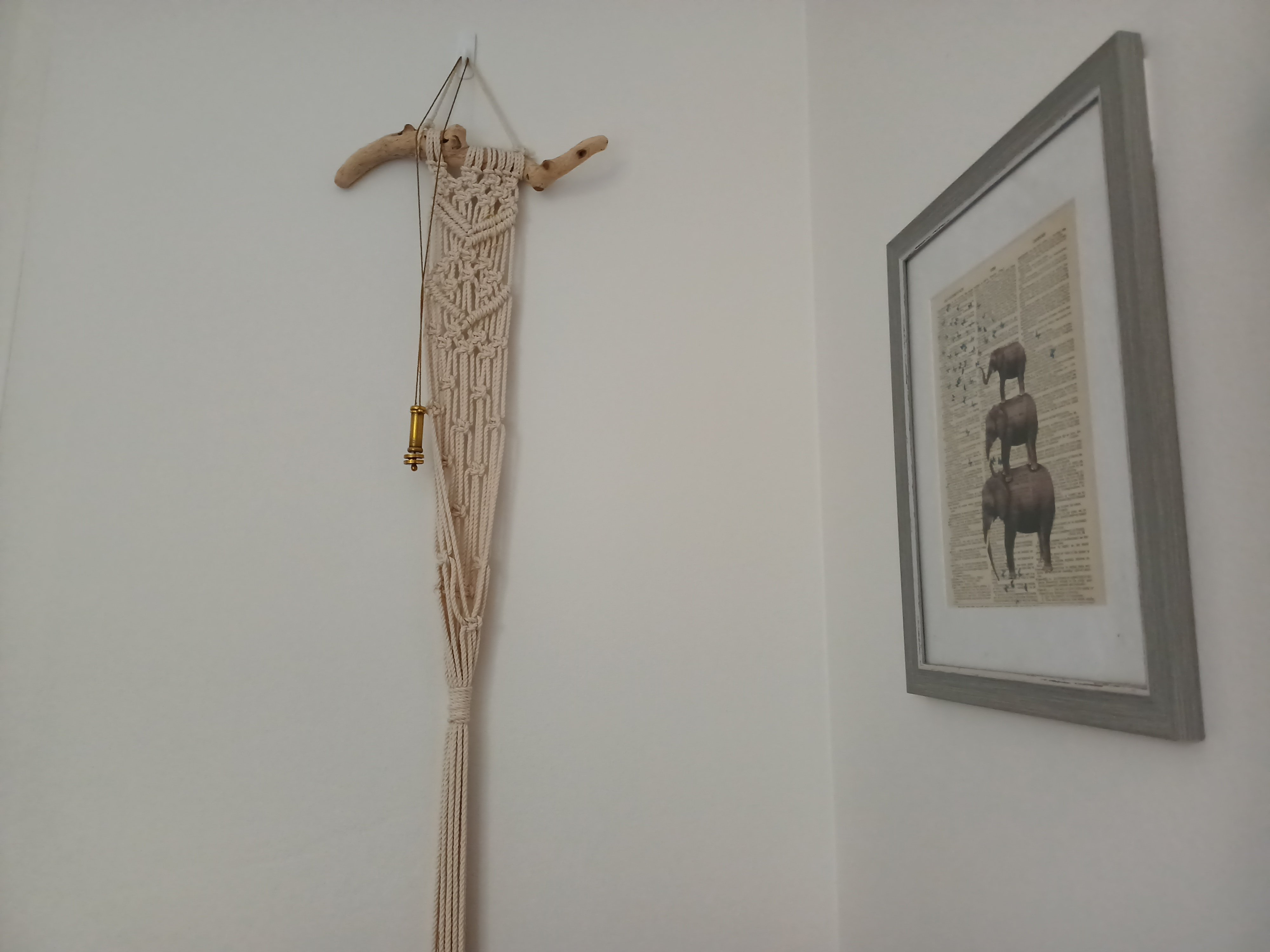 A standard shot of an elephant picture and macrame wallhanging A standard shot of an elephant picture and macrame wallhanging