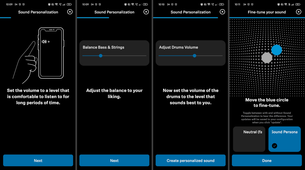 Screenshots of the Sound Personalization feature in the Sennheister Smart Control app Screenshots of the Sound Personalization feature in the Sennheister Smart Control app