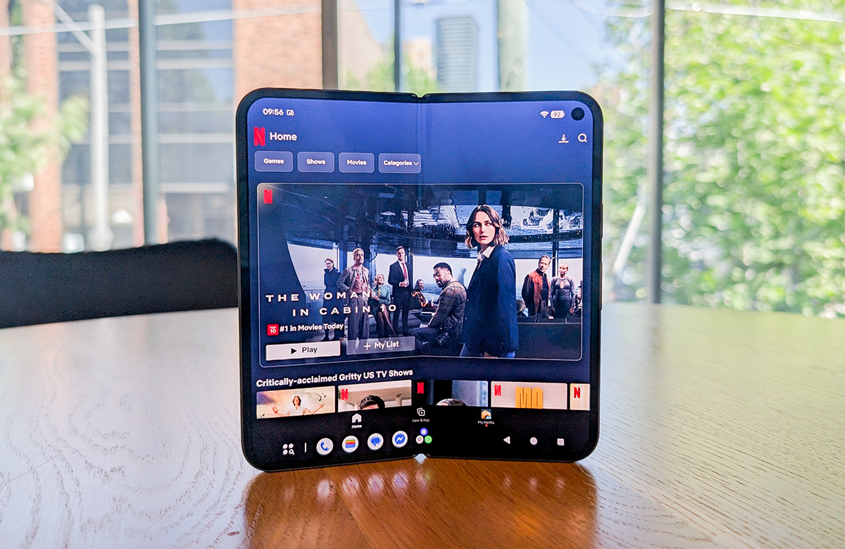 Pixel 10 Pro Fold with netflix on a desk Pixel 10 Pro Fold with netflix on a desk